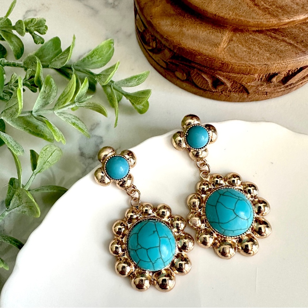 2/$30🌵 Southwestern Turquoise Stone Gold Circle Earrings Western Cowgirl NEW
